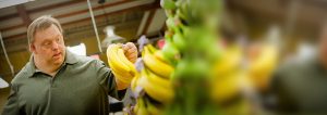 Man picking up bananas at market